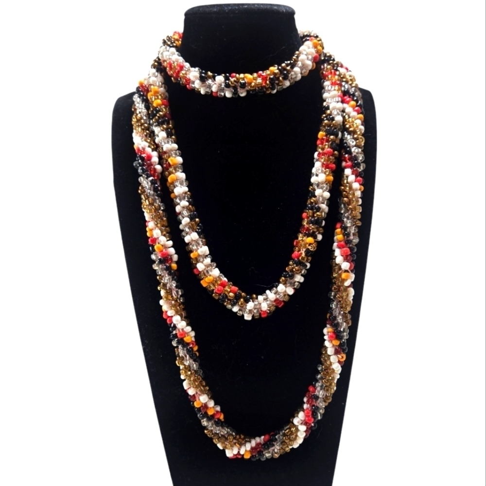 Handmade Seed Bead Woven Necklace 2 pieces Beautiful Autumn Colors 28" Long